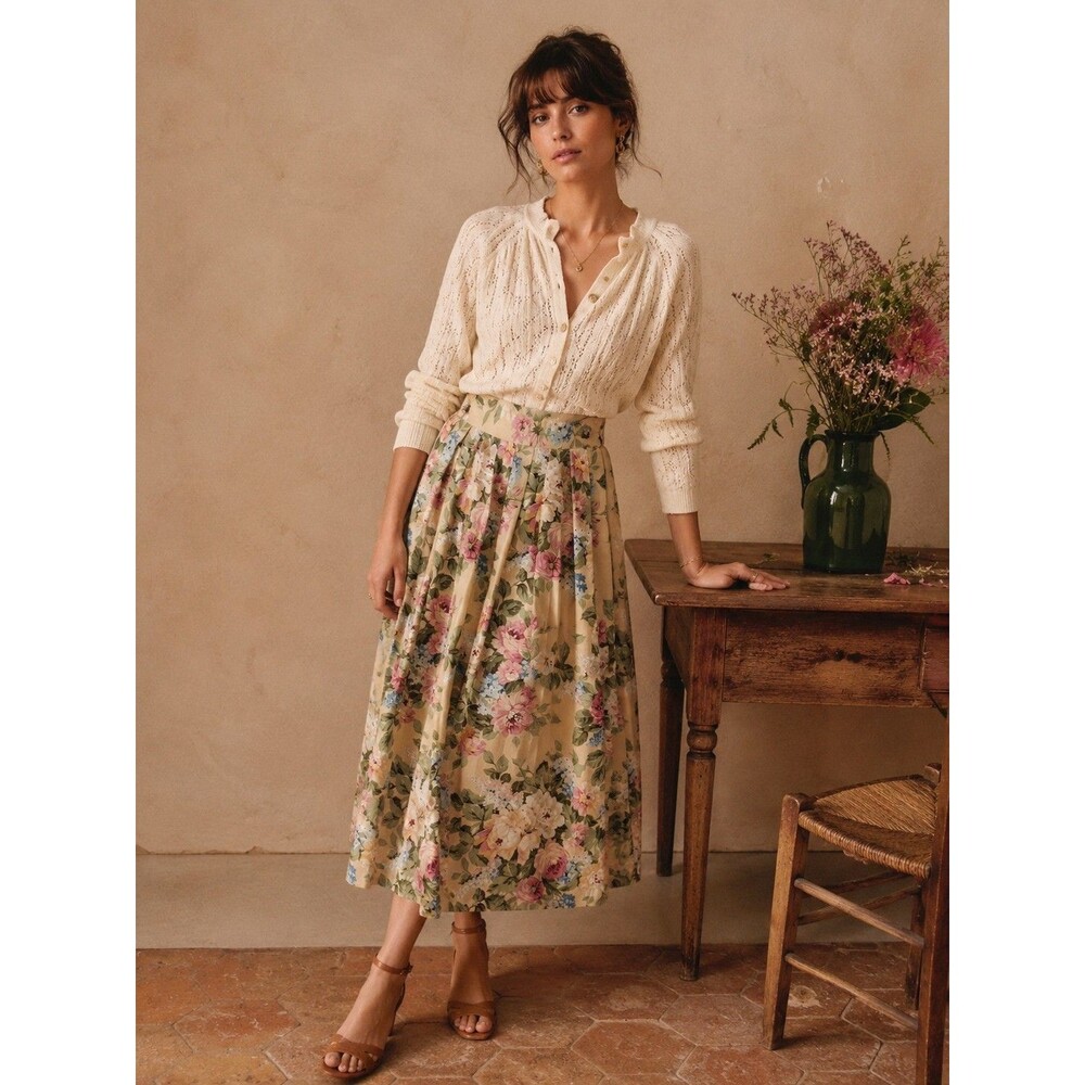 Vintage Leslie Fay Foral Cottagecore Midi Pleated Skirt Sz 14 Feminine Europe